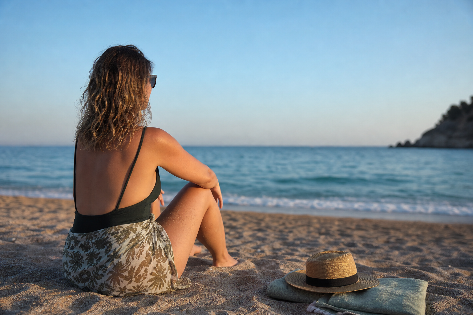 Femme adulte en maillot et paréo face à la mer dans une ambiance apaisée