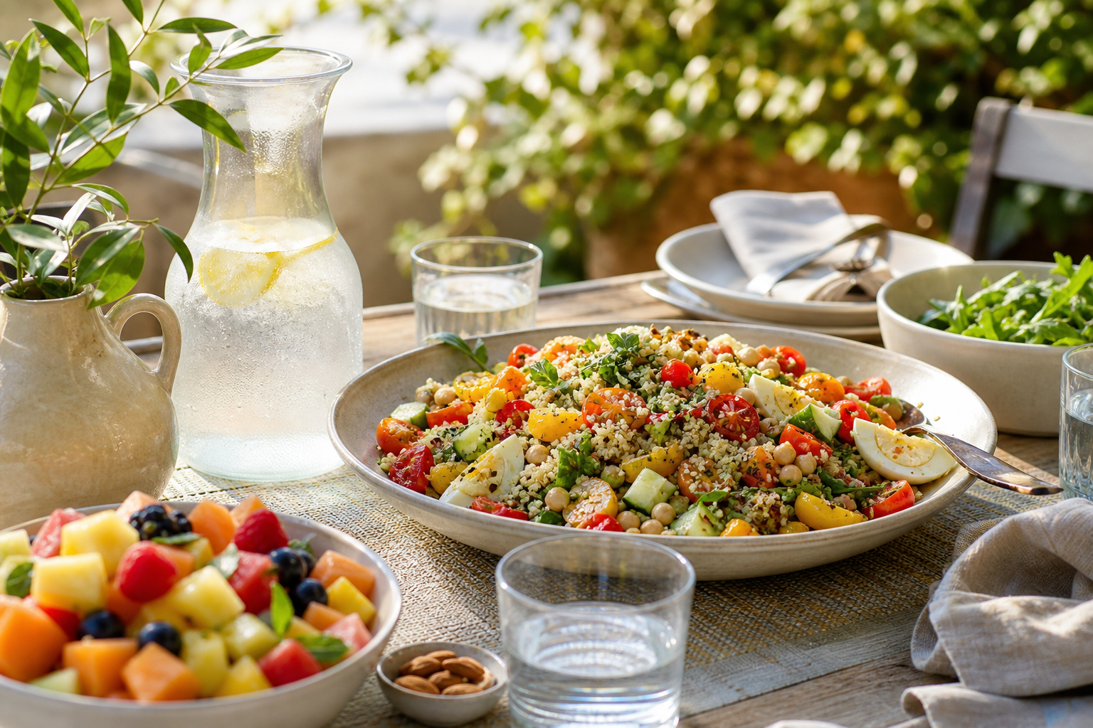Repas froid équilibré avec salade fraîche, fruits et eau citronnée glacée