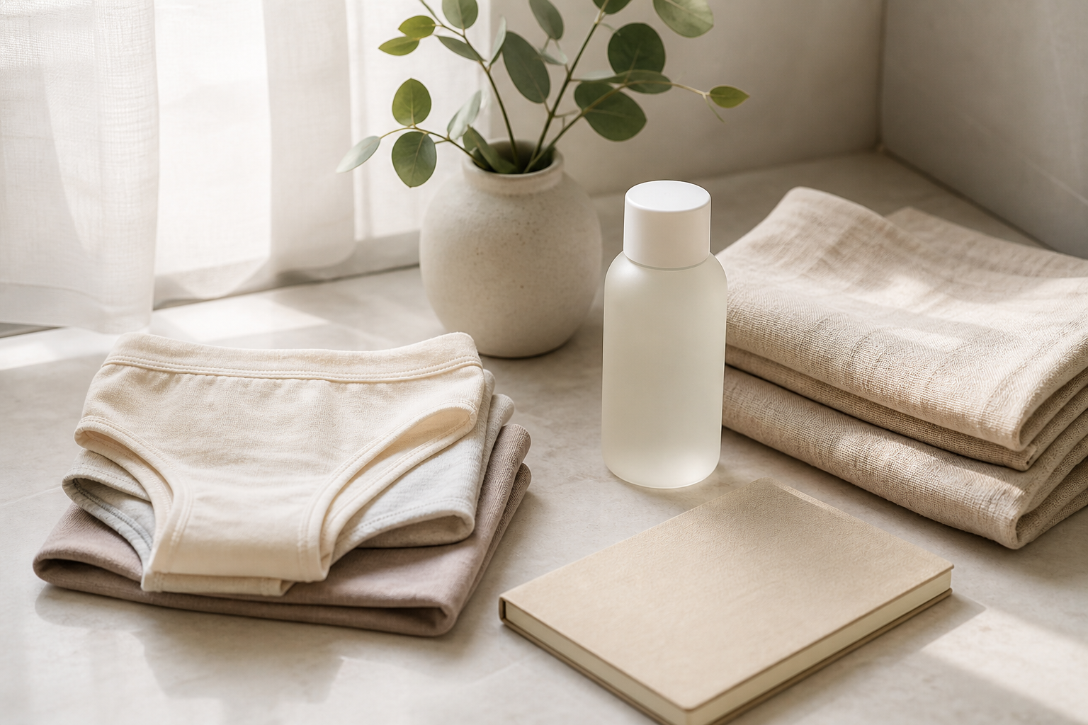 Sous-vêtements en coton clair, textile léger, flacon neutre et carnet discret.