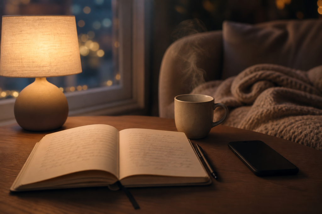 Carnet et tisane dans une ambiance calme de fin de journée
