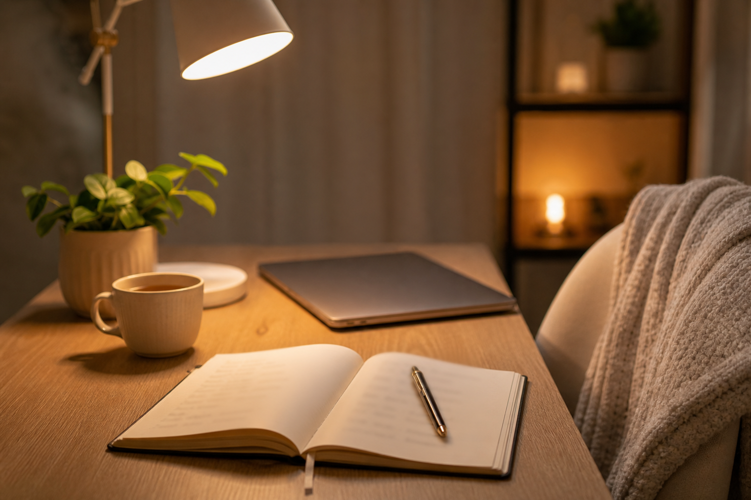 Bureau rangé et lumière douce pour décompresser le soir