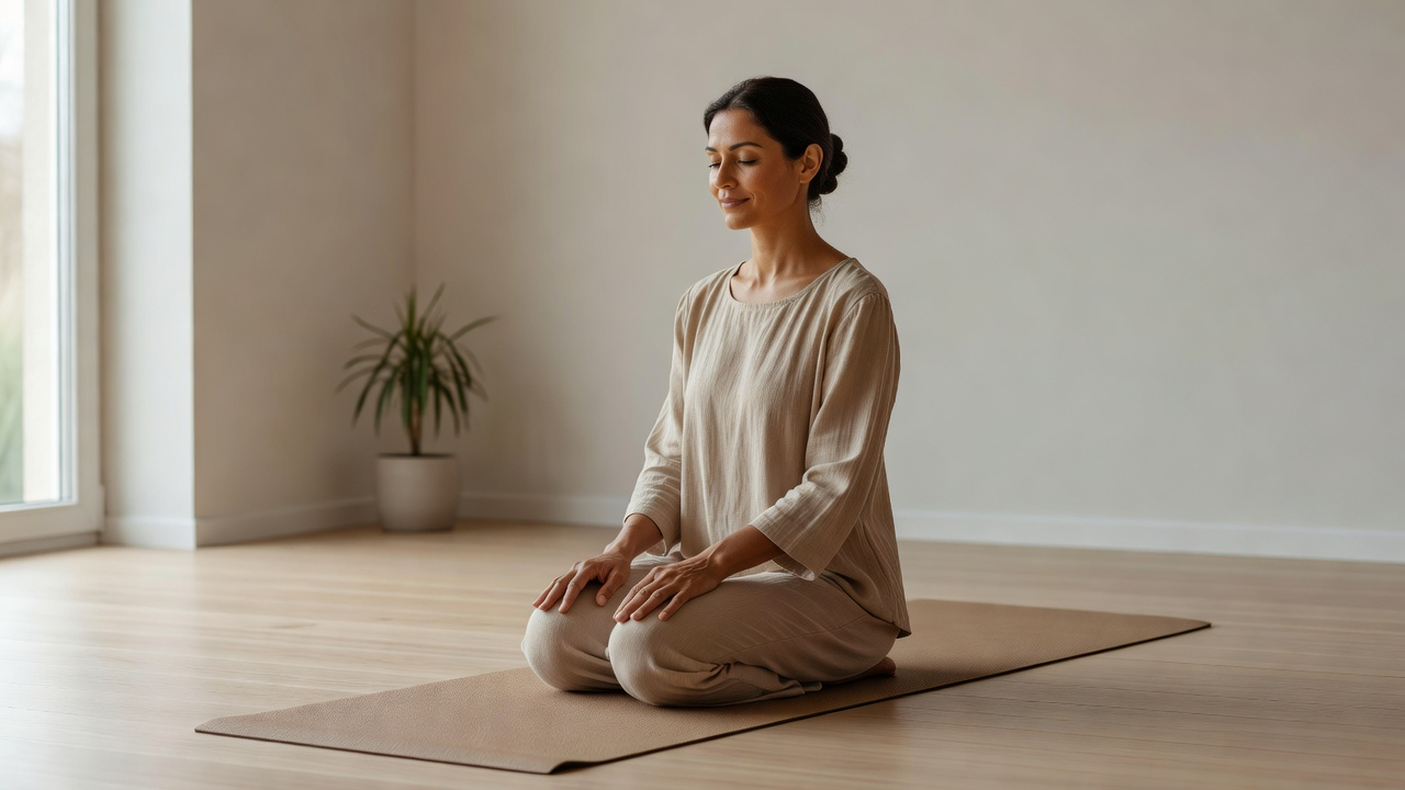 Femme s'installant sur un tapis de yoga dans un salon lumineux pour détendre son dos