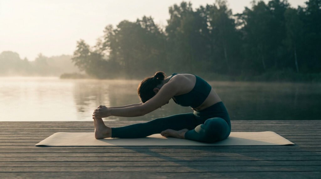 Femme pratiquant le yoga sur un ponton au bord d'un lac brumeux au lever du soleil.